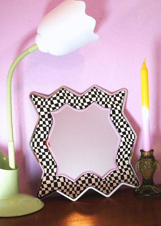 Spikey Checkerboard Mirror - Black/Cream/Pink