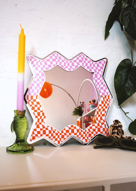 Spikey Checkerboard Mirror - Pink/Orange