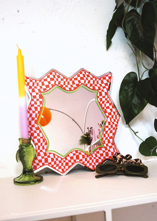 Spikey Checkerboard Mirror - Red/Pink/Green