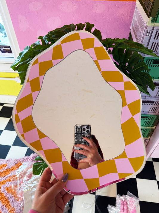 Sample Sale - Checkerboard Olive & Pink Back & Blob Mirror (31cm x 39cm)