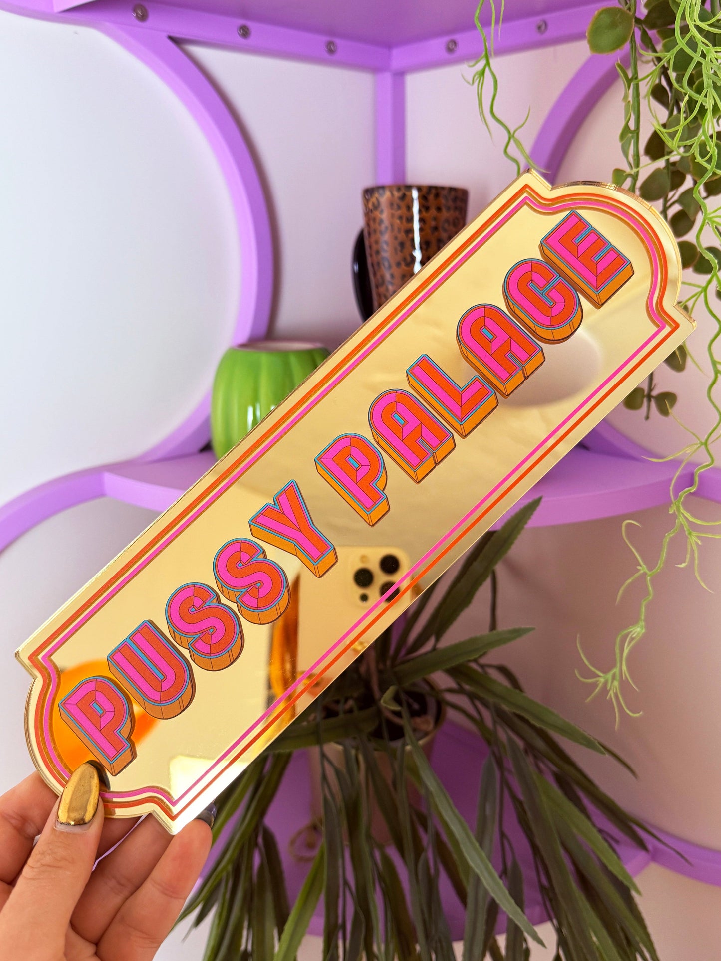 Pussy Palace Rectangle Sign - Warm Gold
