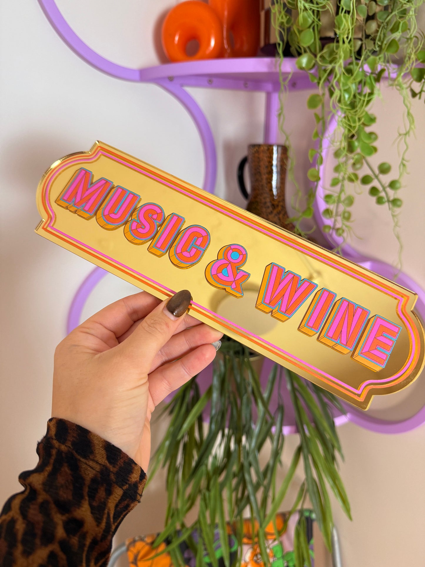 Music & Wine Rectangle Sign - Gold