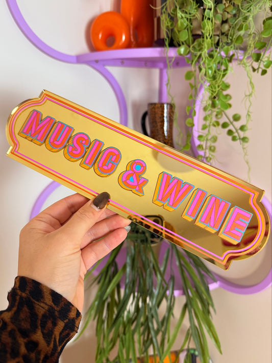 Music & Wine Rectangle Sign - Gold