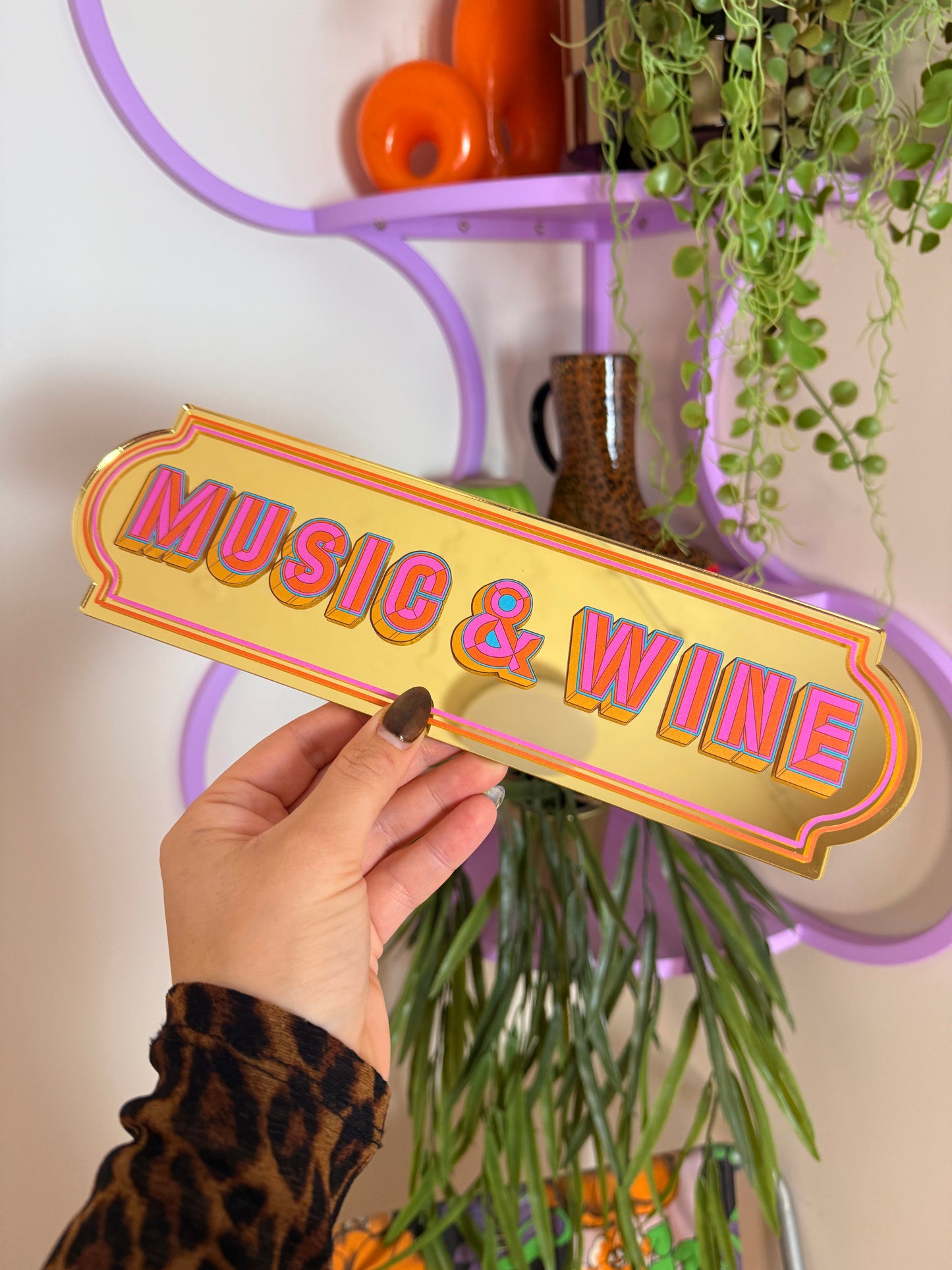 Music & Wine Rectangle Sign - Gold