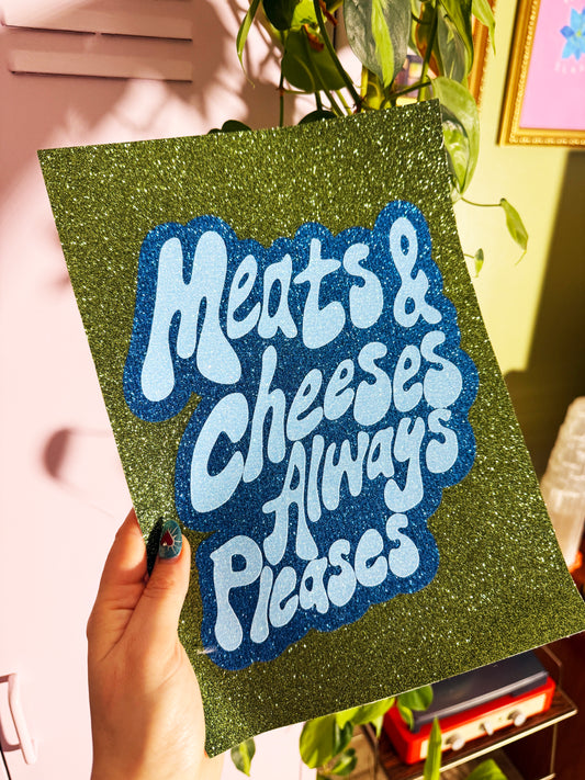 Meats & Cheeses Glitter Fabric Print Green & Blue
