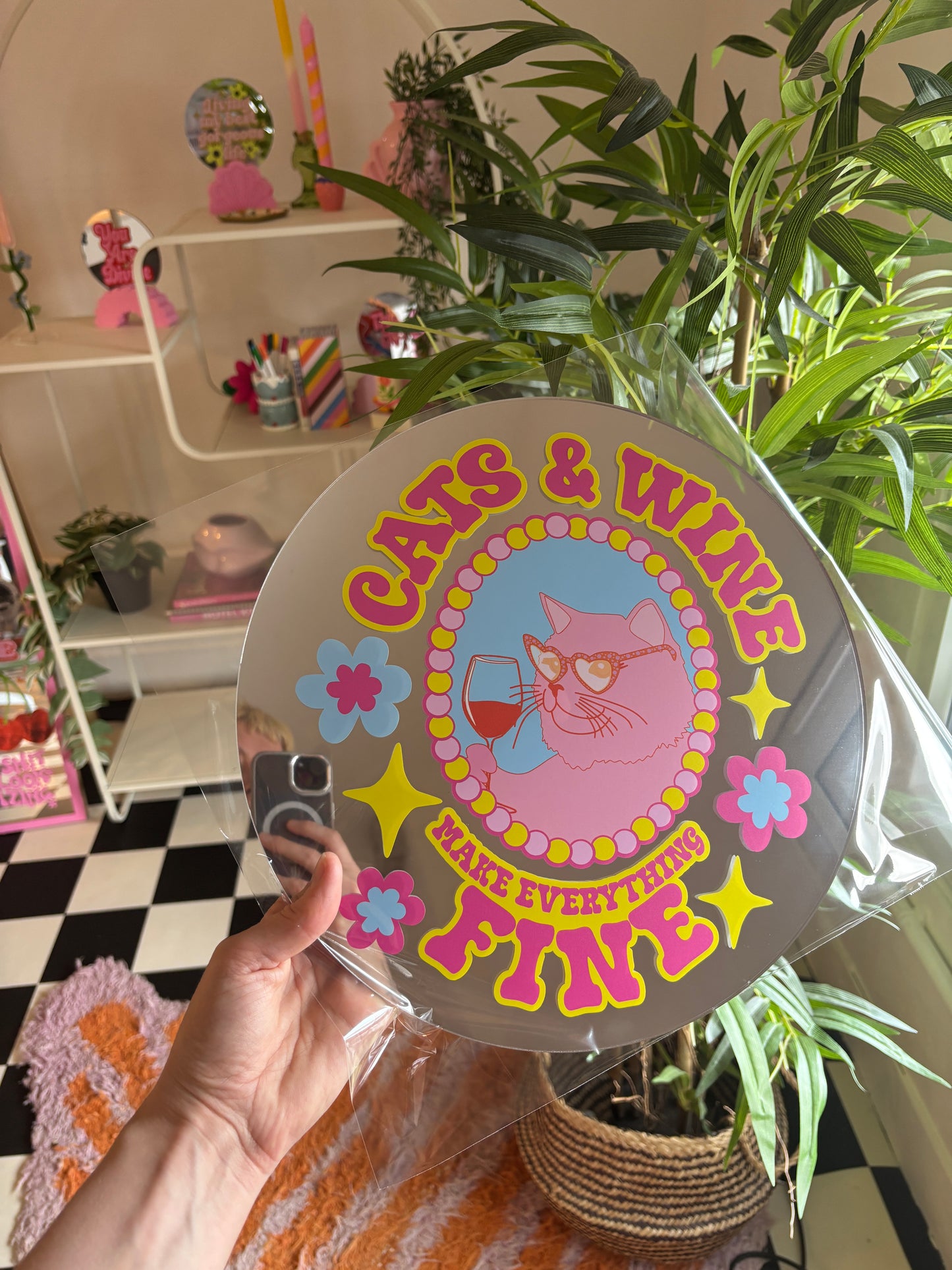 30cm Circle Mirror - Cats & wine