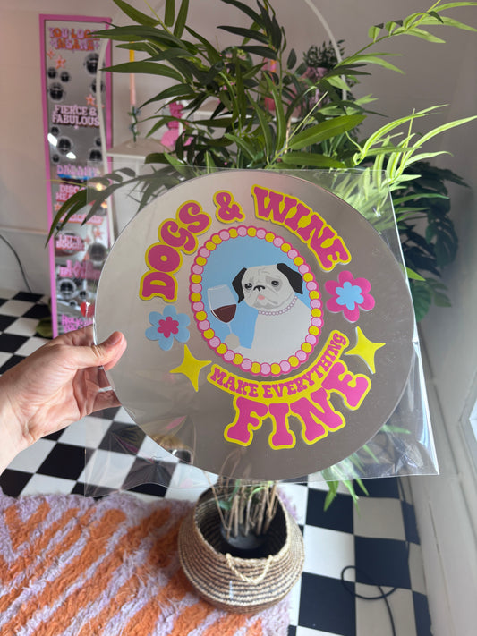 30cm Circle Mirror - Dogs & Wine
