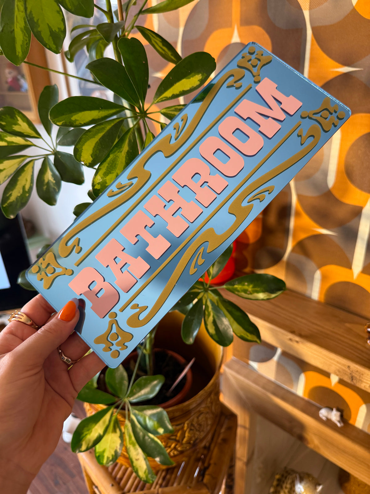 Bathroom Classic Mirror Sign - Blue