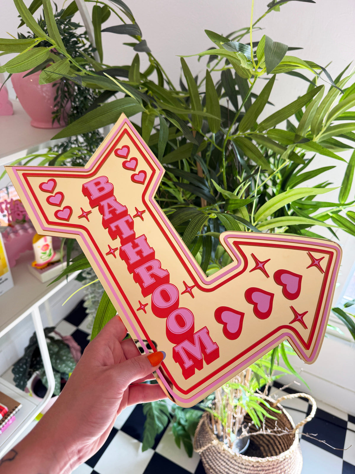 Retro Bathroom Arrow Mirror - Pink & Red - Gold Mirror