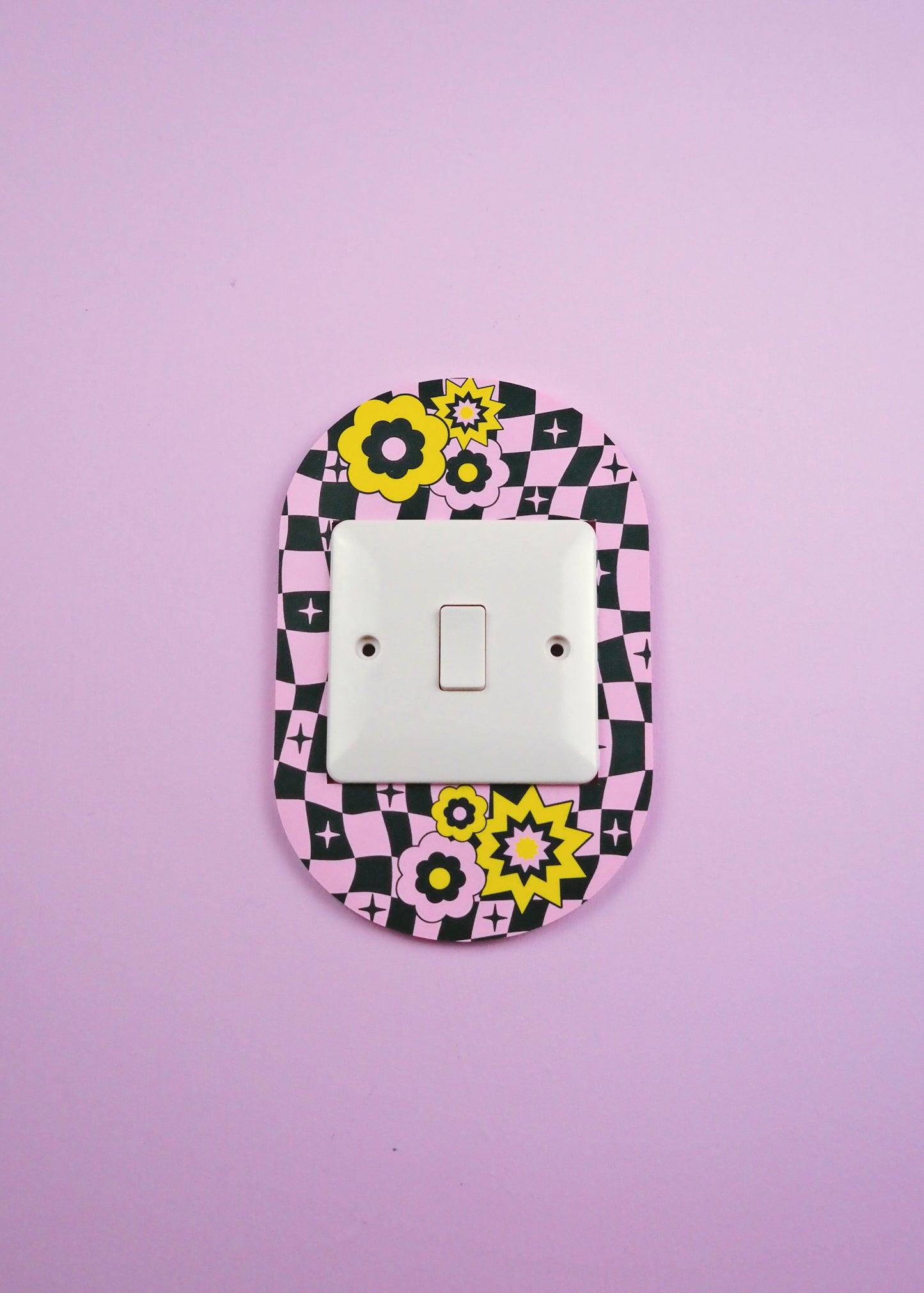 Teal & Pink Retro Checkerboard Blossom Lightswitch Cover