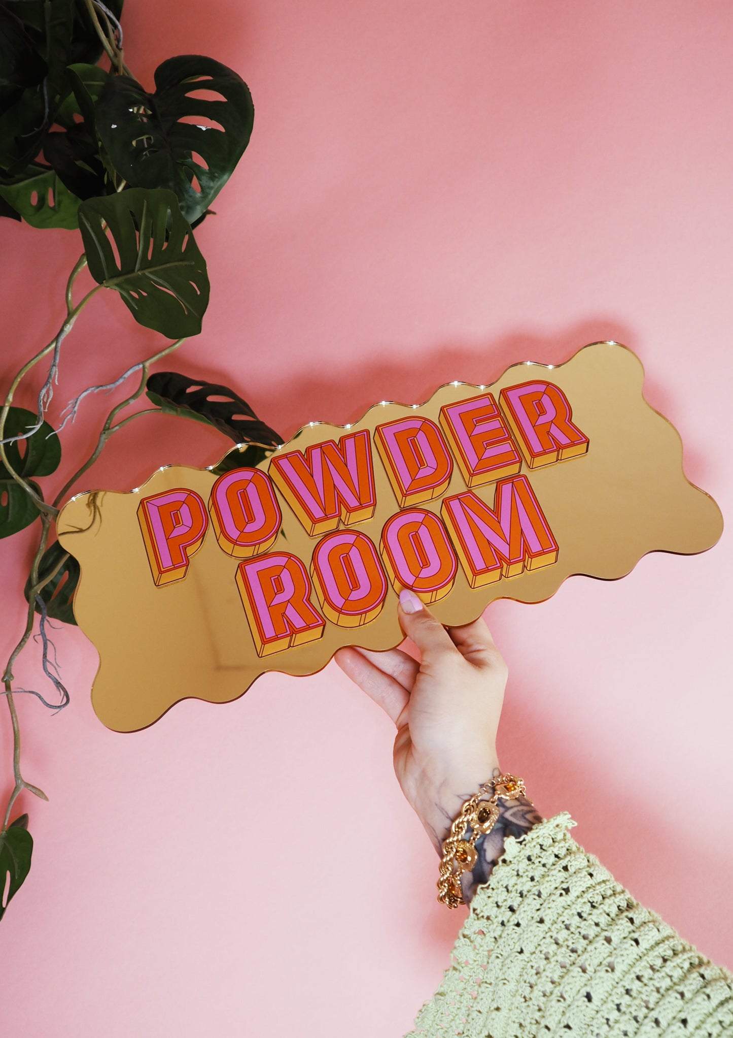 Powder Room Wavy Mirror Sign - Warm Gold