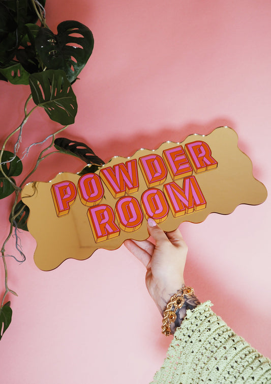 Powder Room Wavy Mirror Sign - Warm Gold