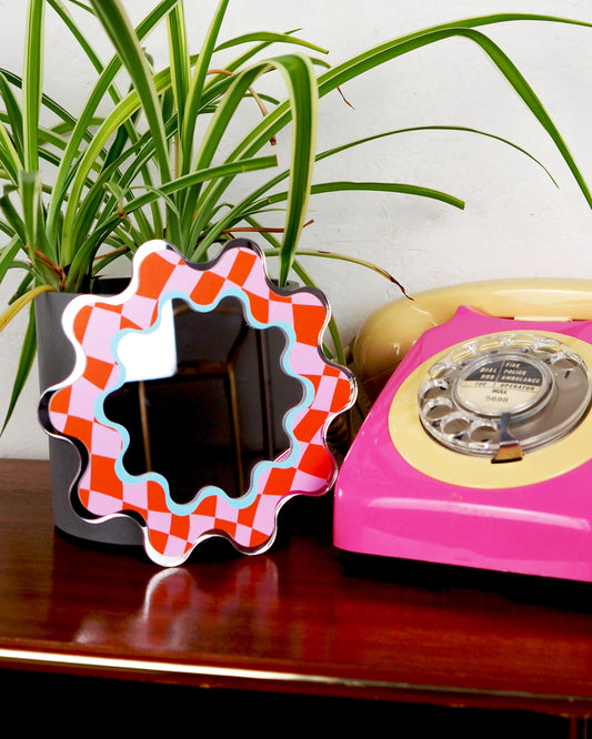 Red & Pink Checkerboard Circle Squiggle Mirror