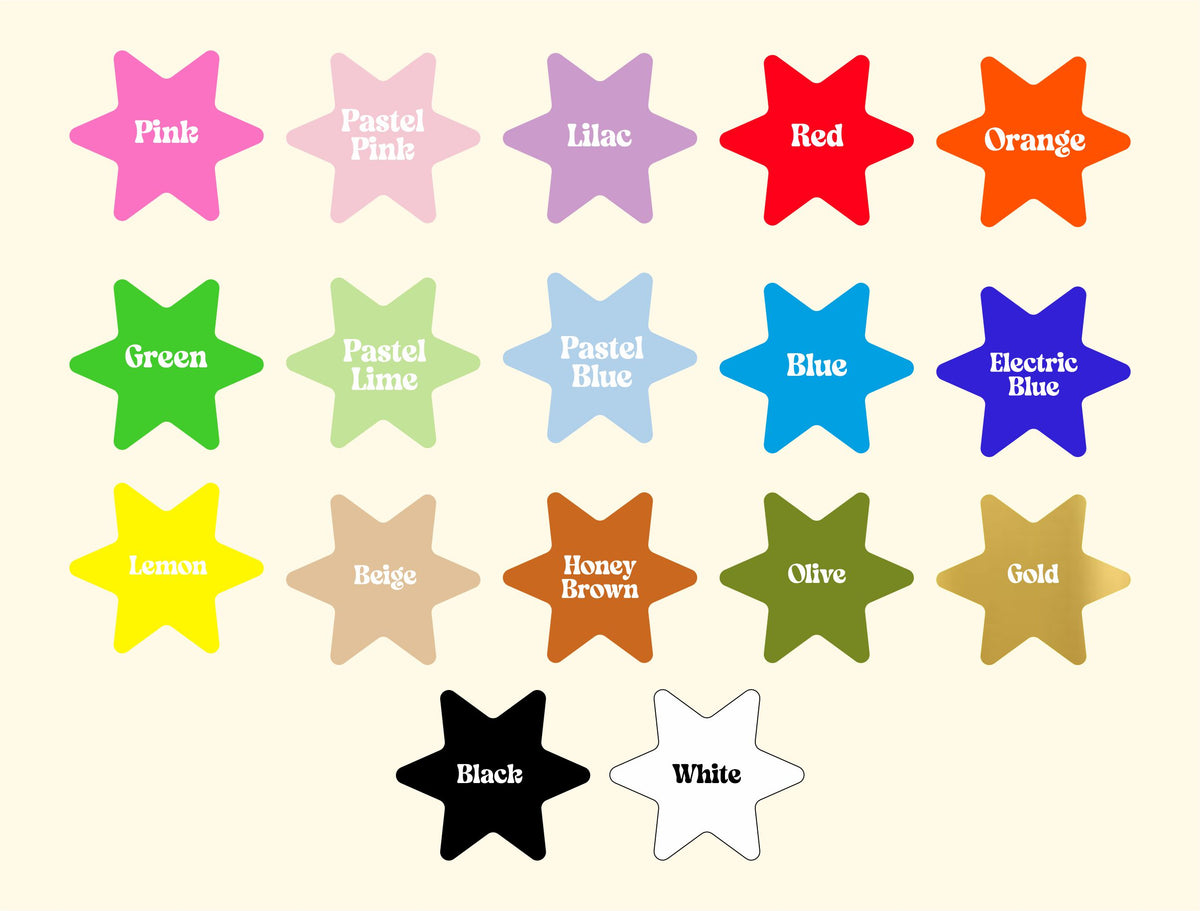 a collection of 16 pastel-colored stars, each representing a different color: Pink, Pastel Pink, Lilac, Red, Orange, Green, Pastel Lime, Pastel Blue, Blue, Electric Blue, Beige, Beige, Honey Brown, Olive, Gold, Black, and White.