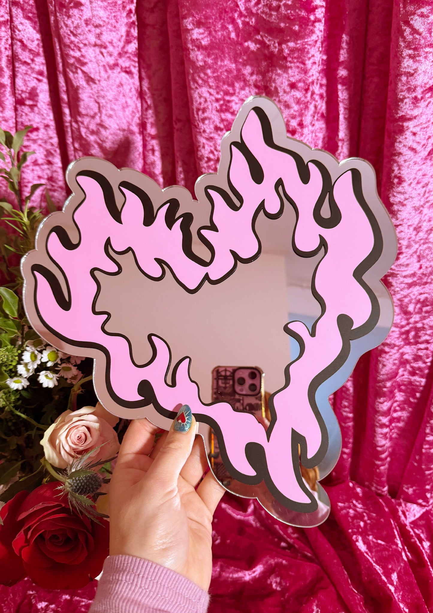 Flaming Heart Mirror - Pink & Black
