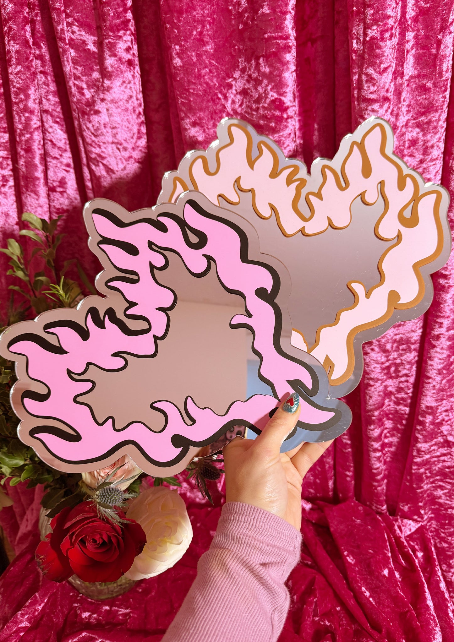 Flaming Heart Mirror - Pink & Black