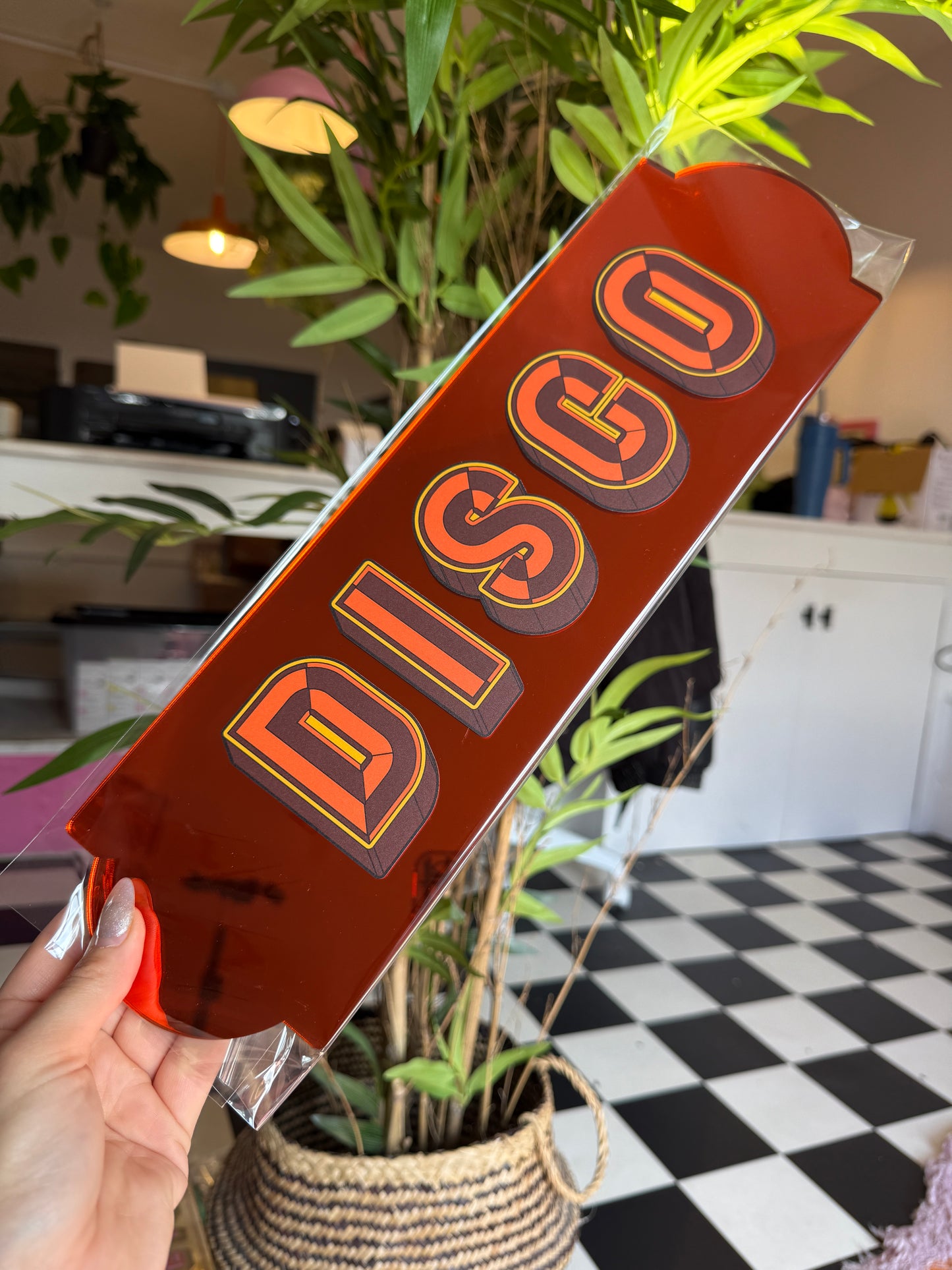 A hand is holding a red sign with the word "DIGO" written on it, which is placed in front of a plant and a basket.