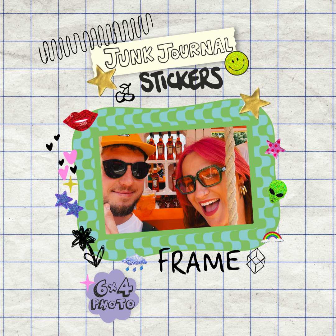 Junk Journal Stickers Frame with photo of two people on a checkered background