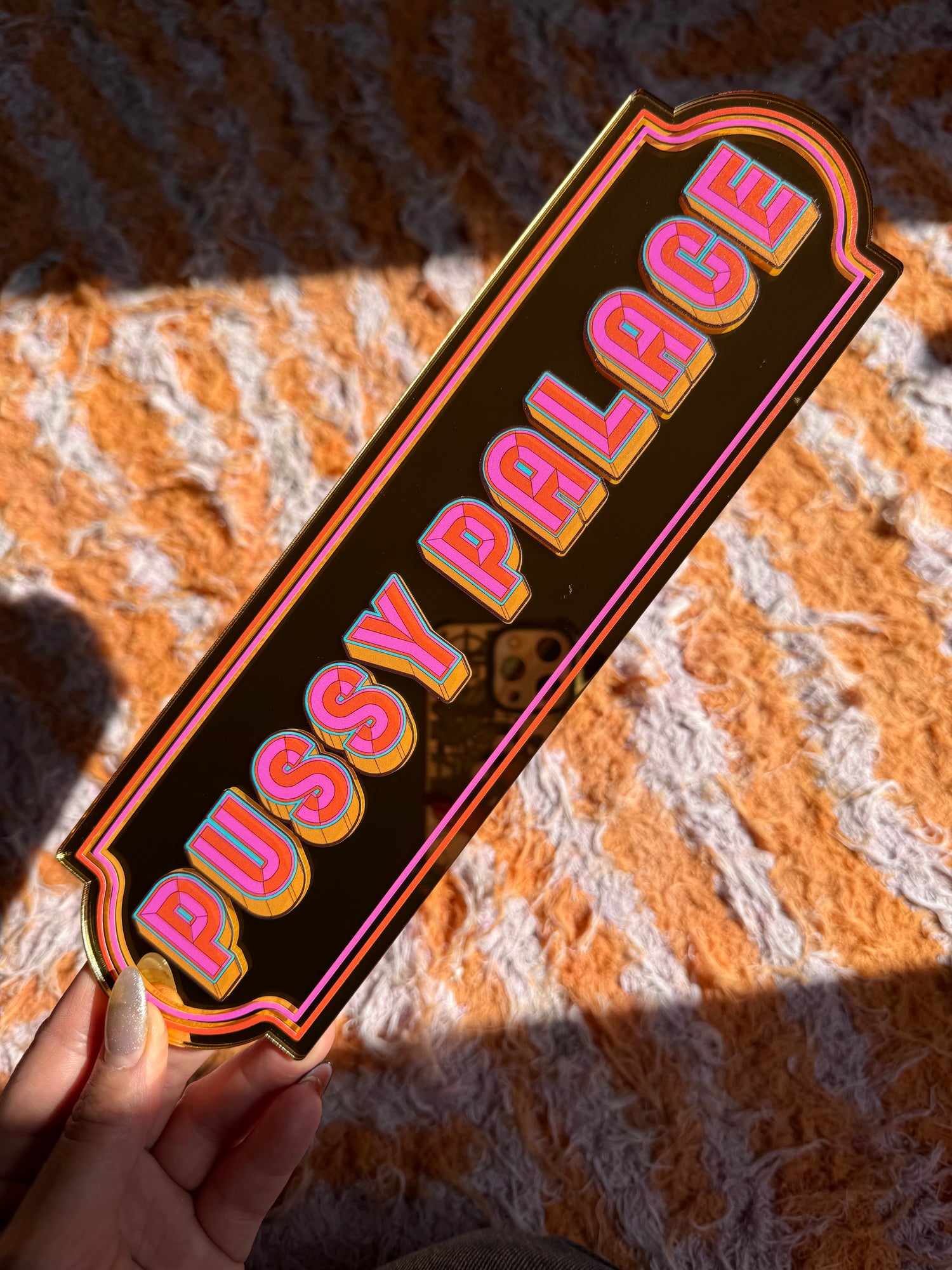 A person is holding a sign with the word "PUSSY" written on it.