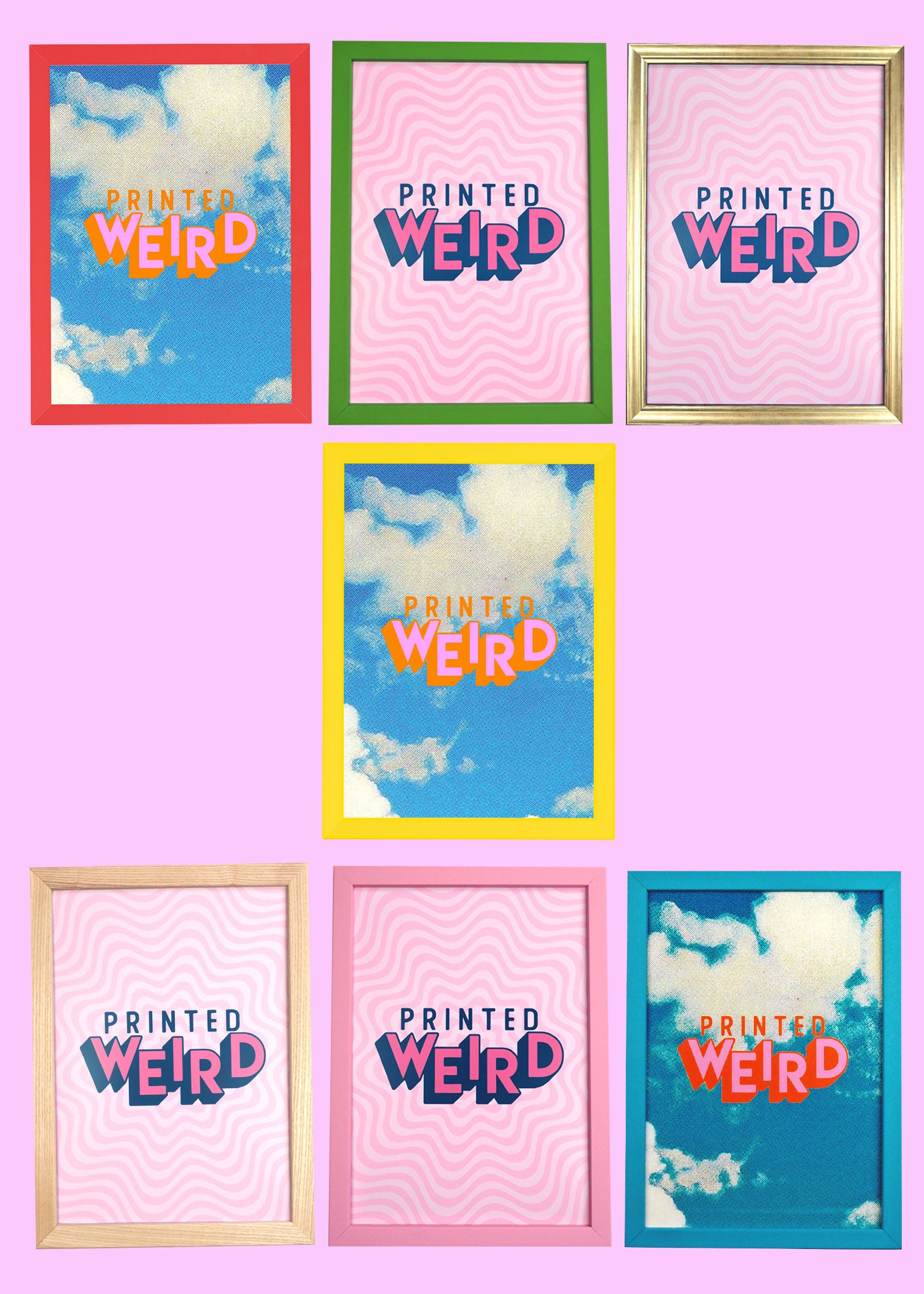 six framed pictures with the text "PRINTED WEIRD" printed on them. The pictures are arranged in a grid with three rows and two columns.