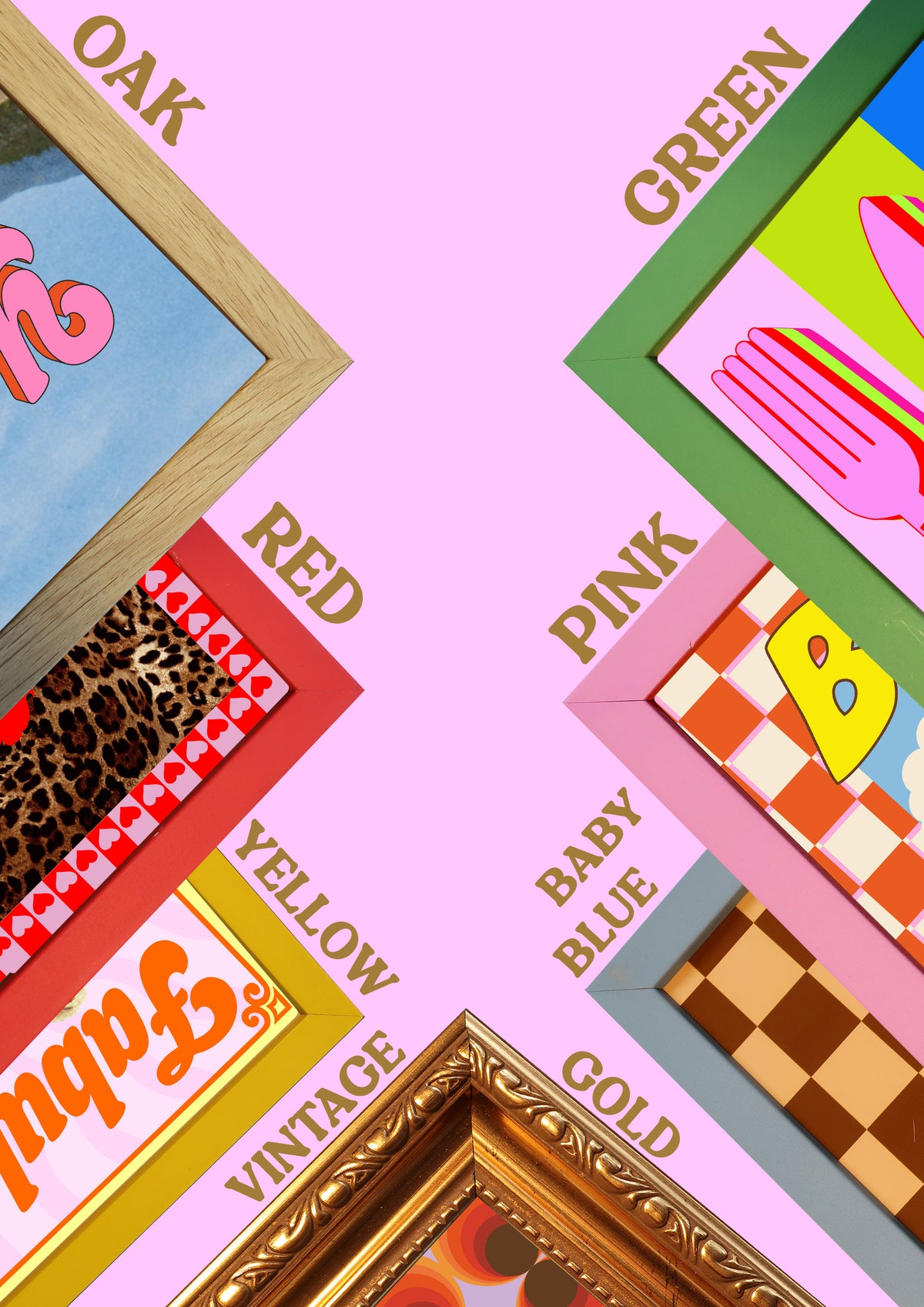 The image is a collage of various framed pictures, each with different colors and designs, arranged in a visually appealing manner.