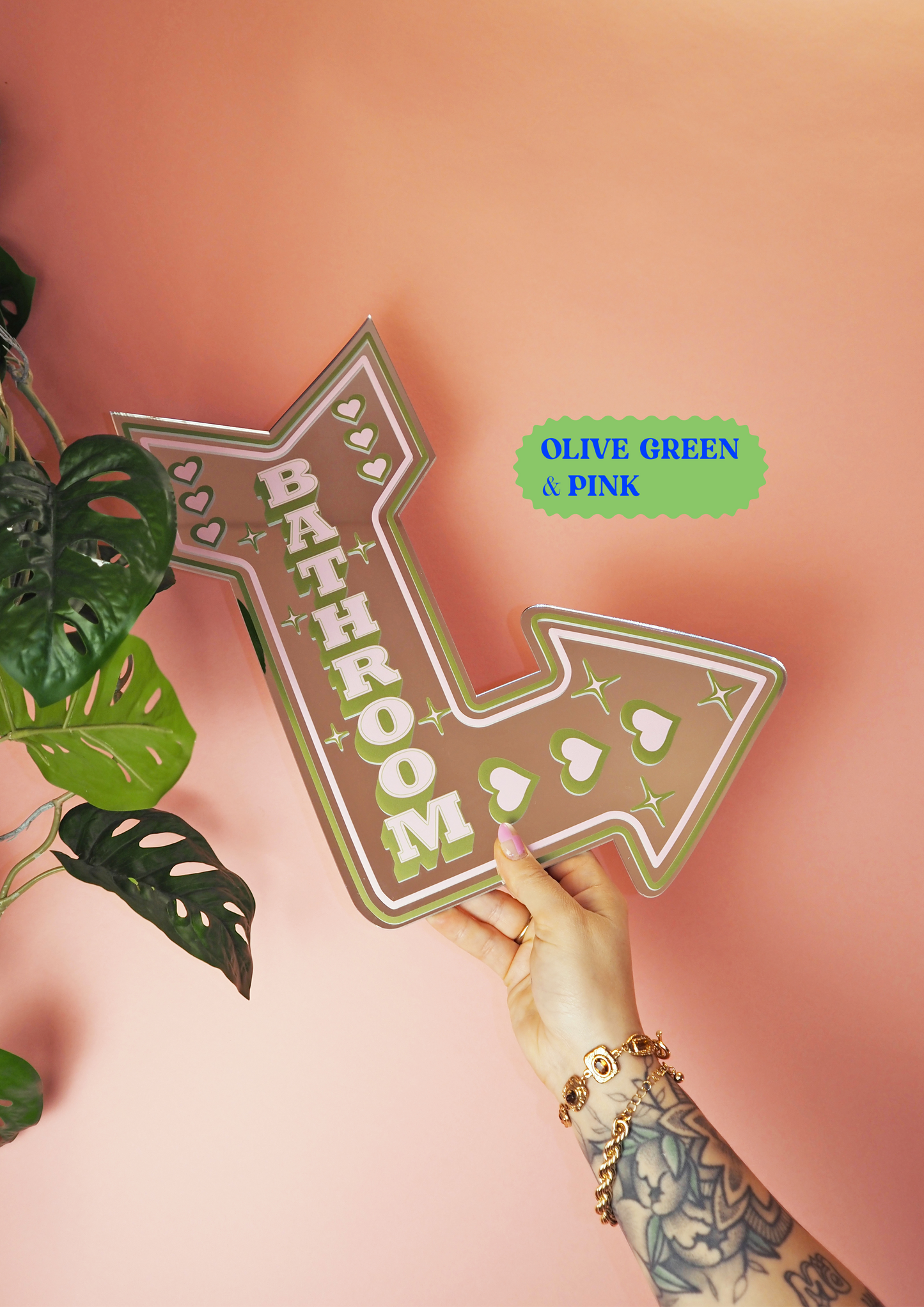 Retro Bathroom Arrow Mirror - Olive Green & Pink