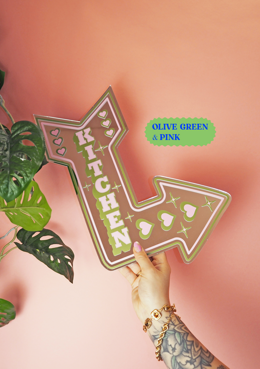 Retro Kitchen Arrow Mirror - Olive & Pastel Pink