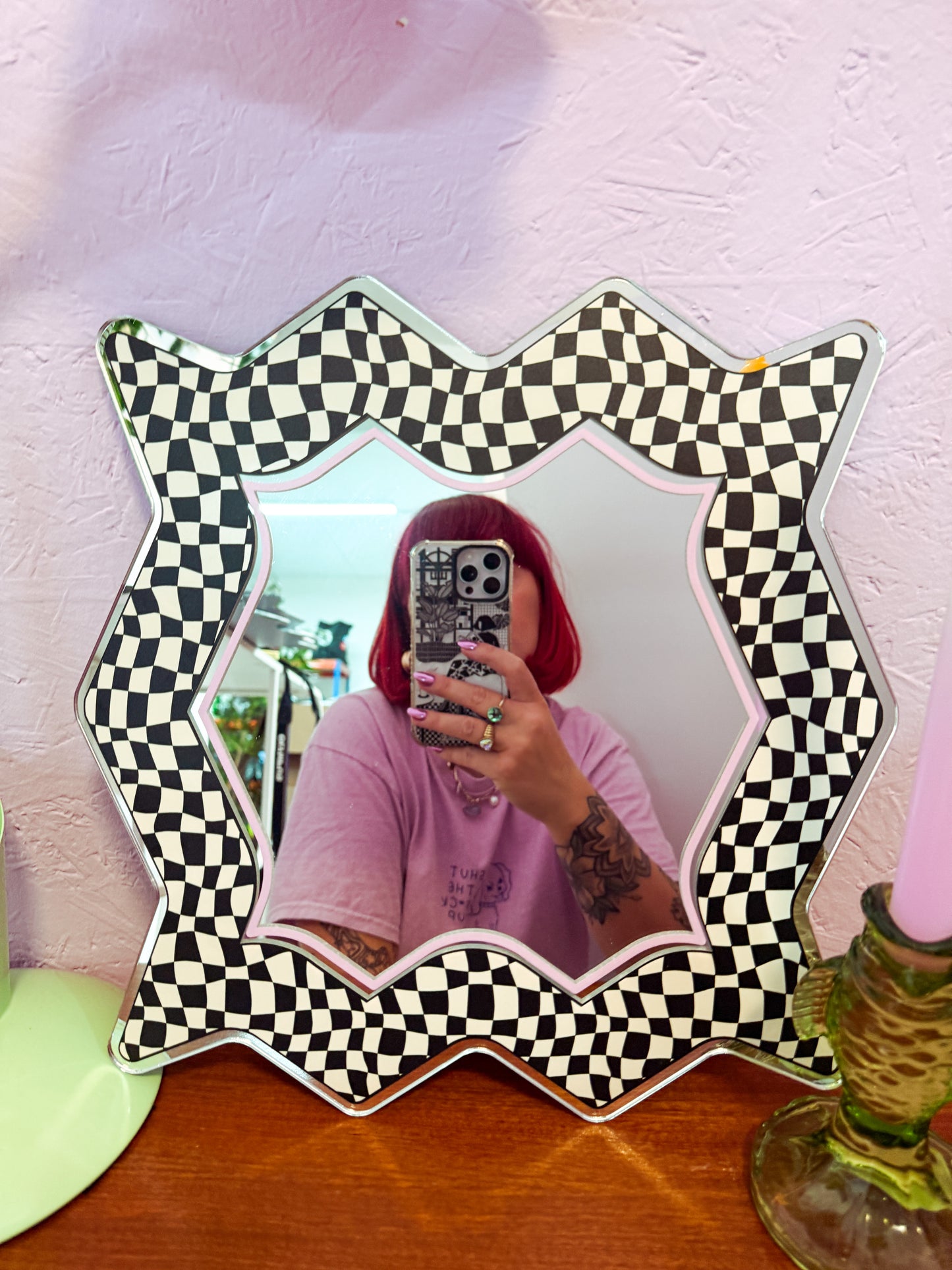 Spikey Checkerboard Mirror - Black/Cream/Pink