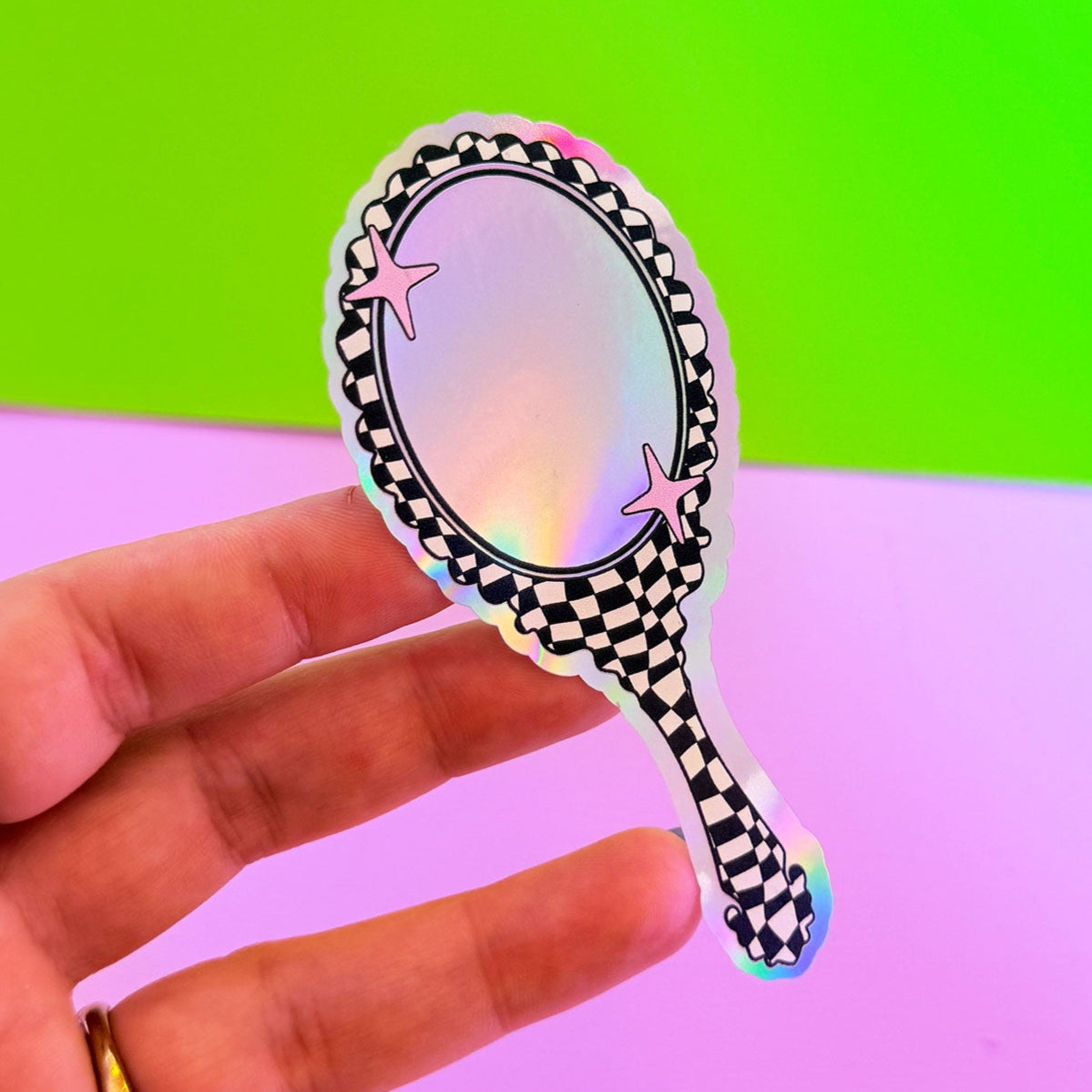 Hand Held Mirror Holographic Sticker - Black & White - WS