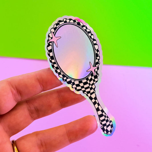 Hand Held Mirror Holographic Sticker - Black & White - WS