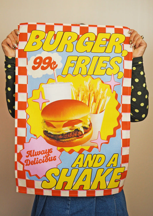 Burger, Fries & A Shake Diner Tea Towel