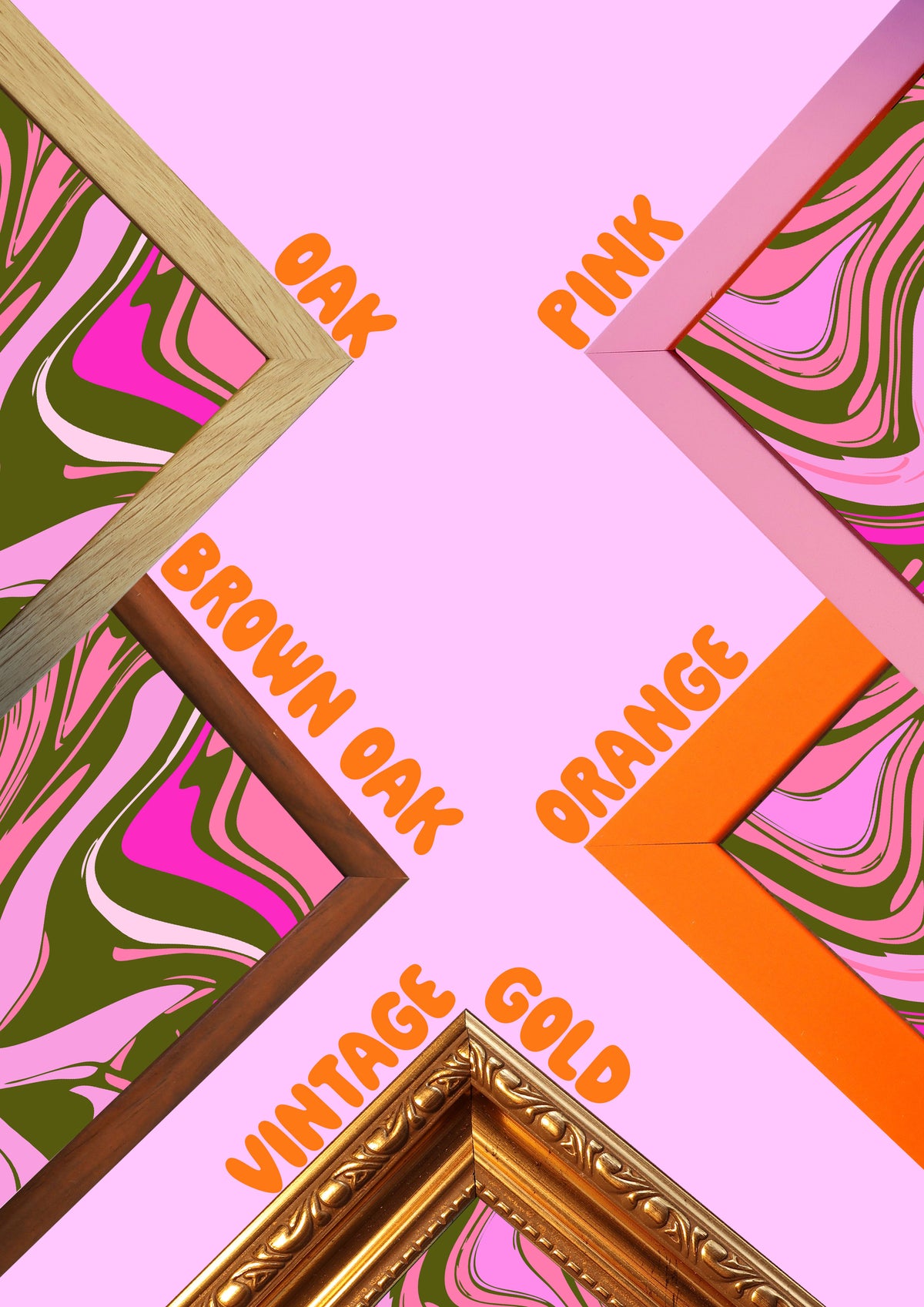The image is a collage of various framed pictures, each with different colors and designs. The frames are arranged in a way that creates a visually appealing pattern.