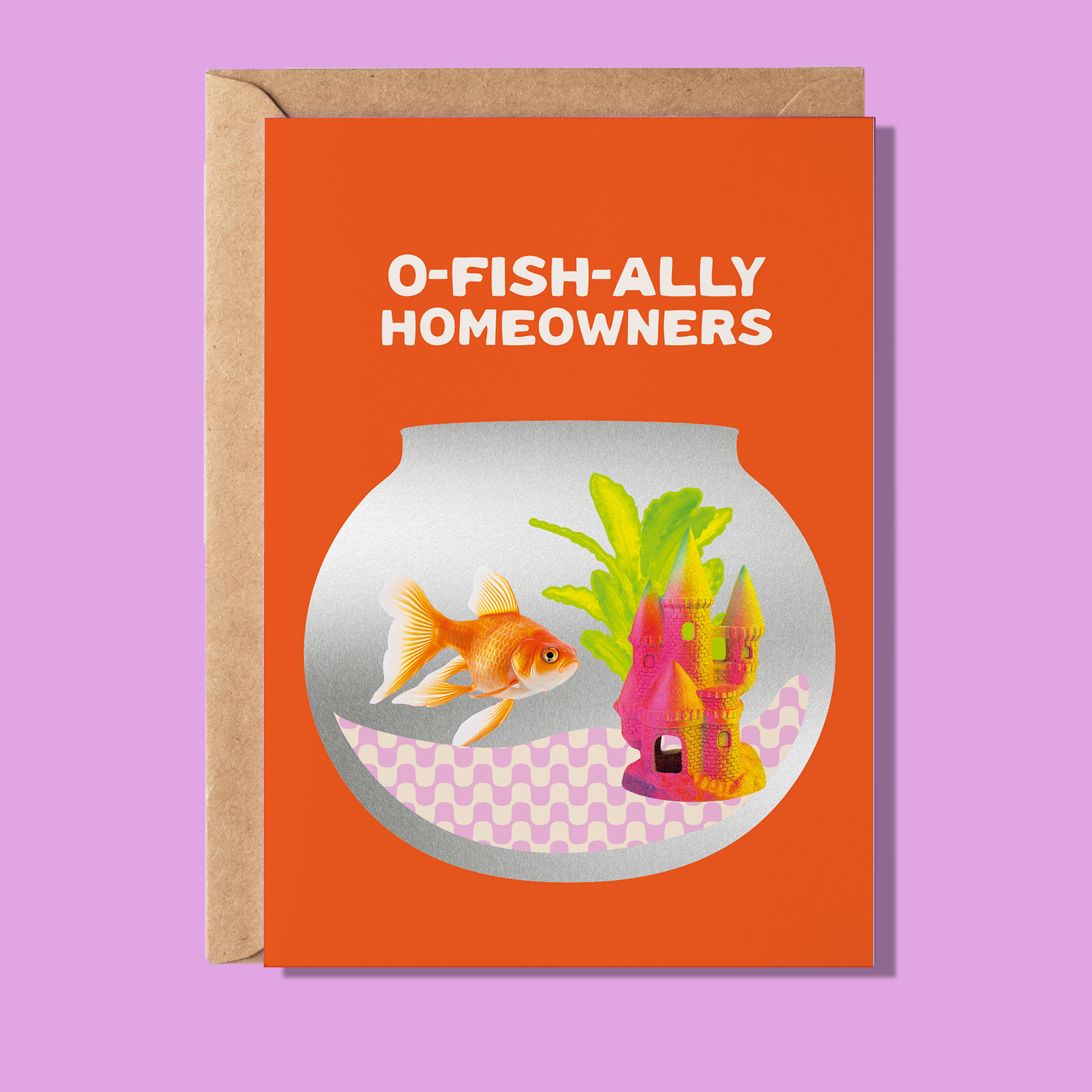 Greeting card with fishbowl illustration and text on a purple background