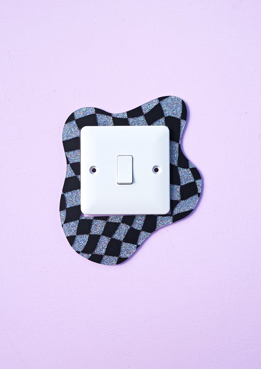 Black Checkerboard Holographic Glitter Light Switch Cover