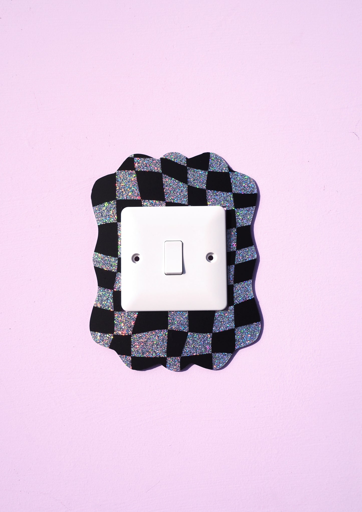 Retro Frame Light Switch Cover - Black Checkerboard & Silver Holographic