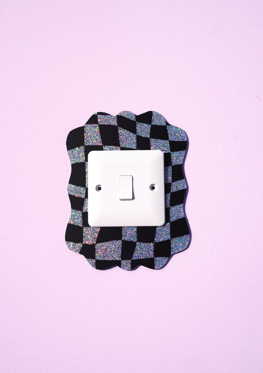 Retro Frame Light Switch Cover - Black Checkerboard & Silver Holographic