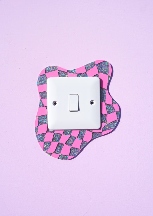 Pink Checkerboard Holographic Glitter Light Switch Cover
