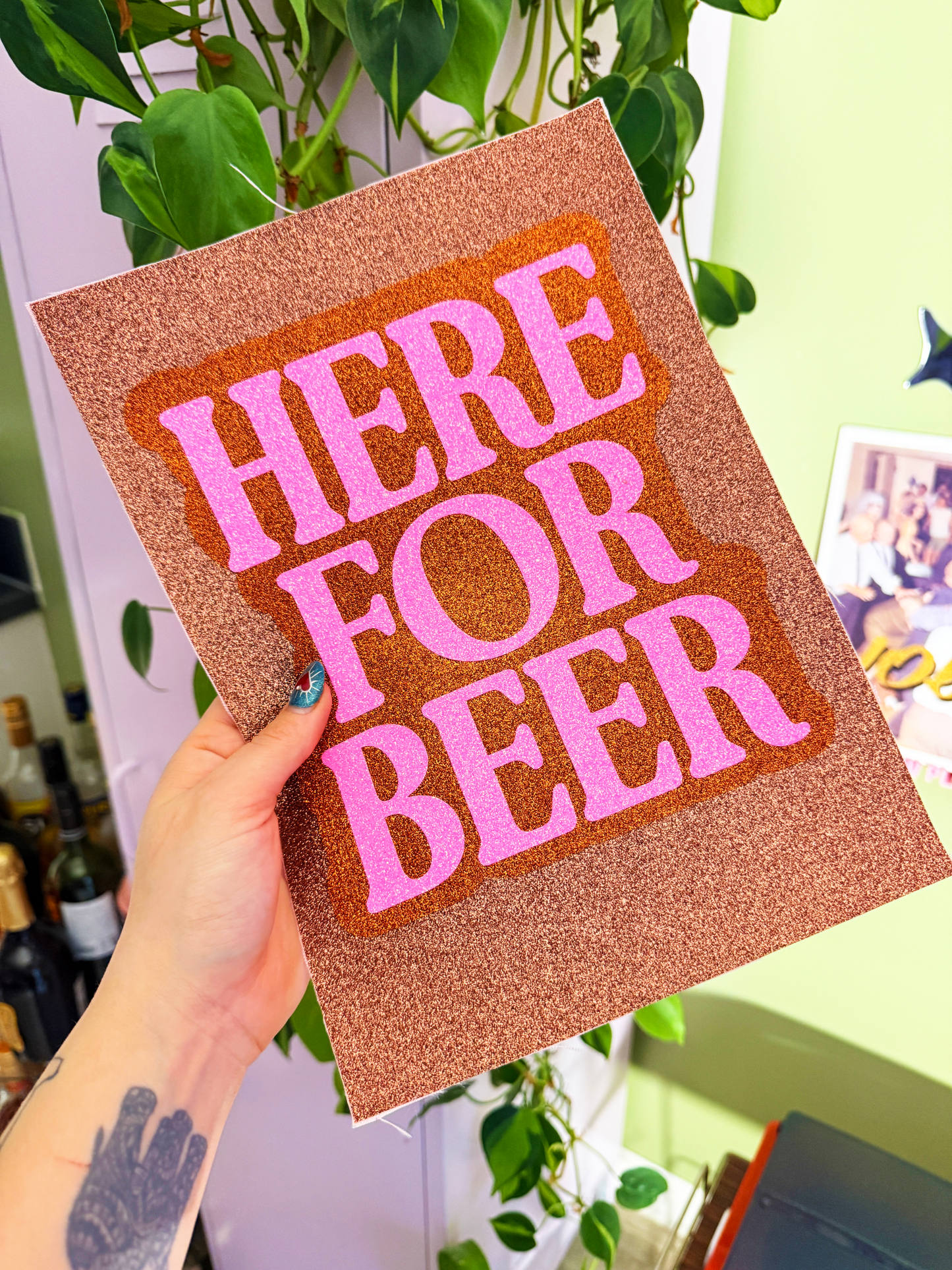 Here For Beer Glitter Fabric Print