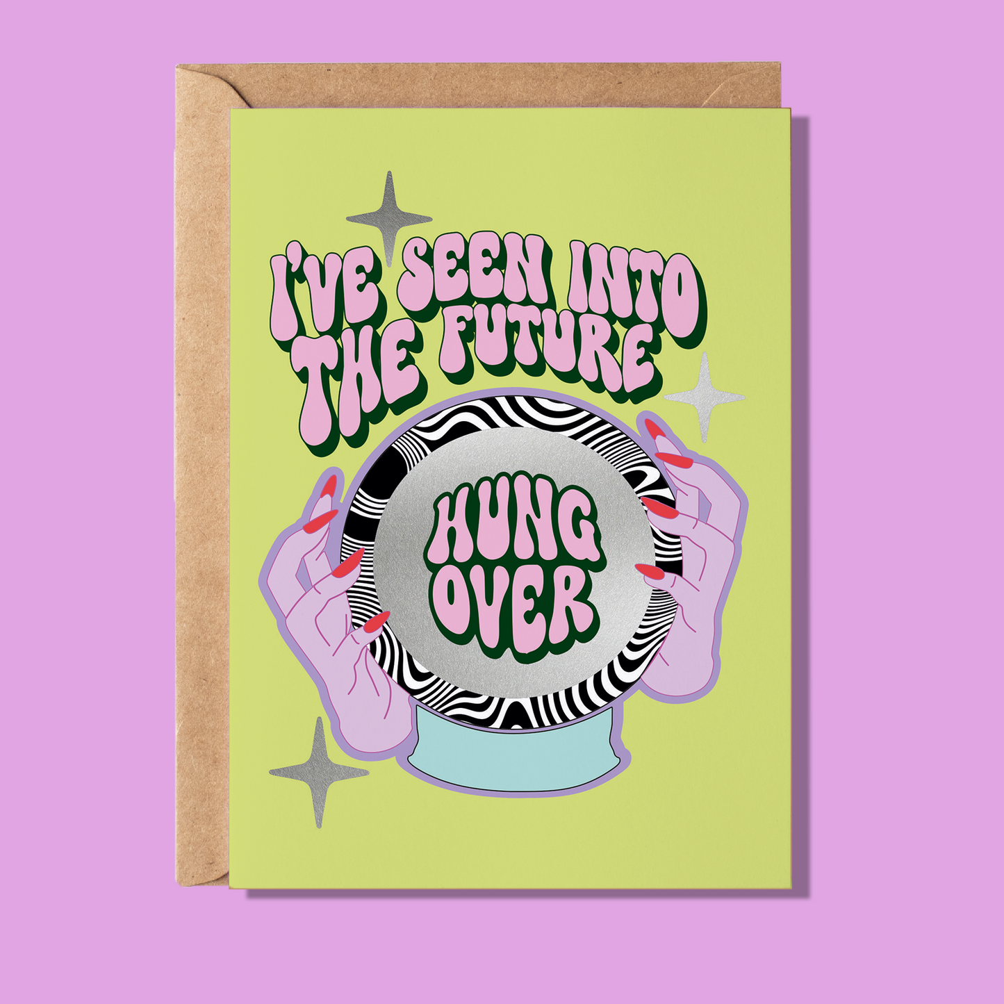 Greeting card with a fortune teller design and text on a pink background