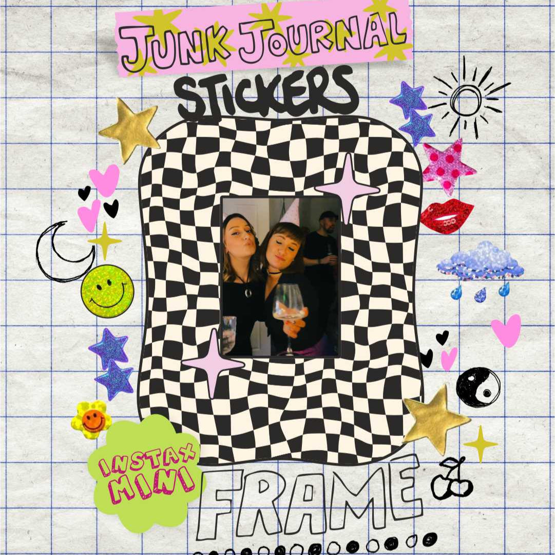 Junk Journal Stickers packaging with a checkered frame design on a grid background