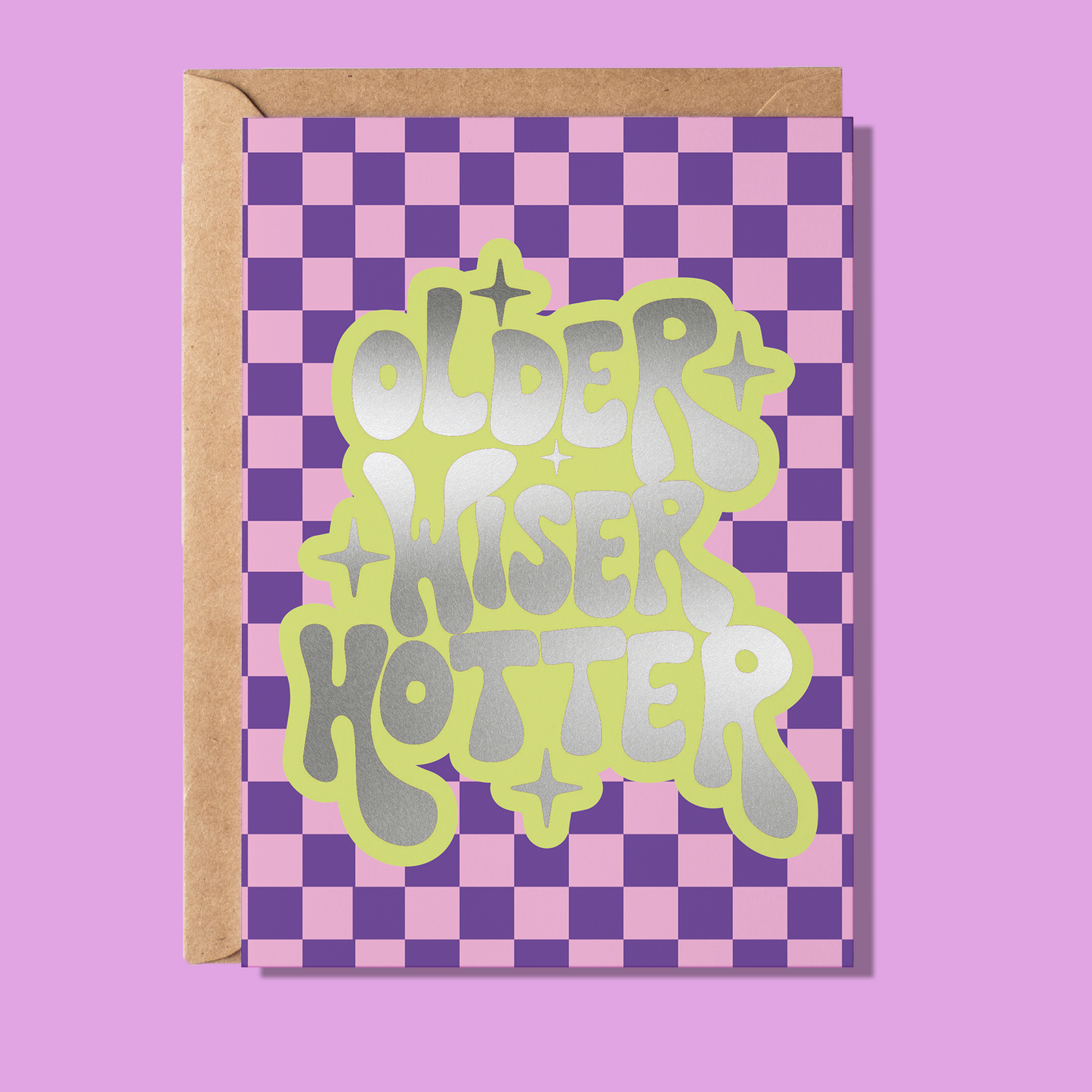 Checkered card with text on a purple background