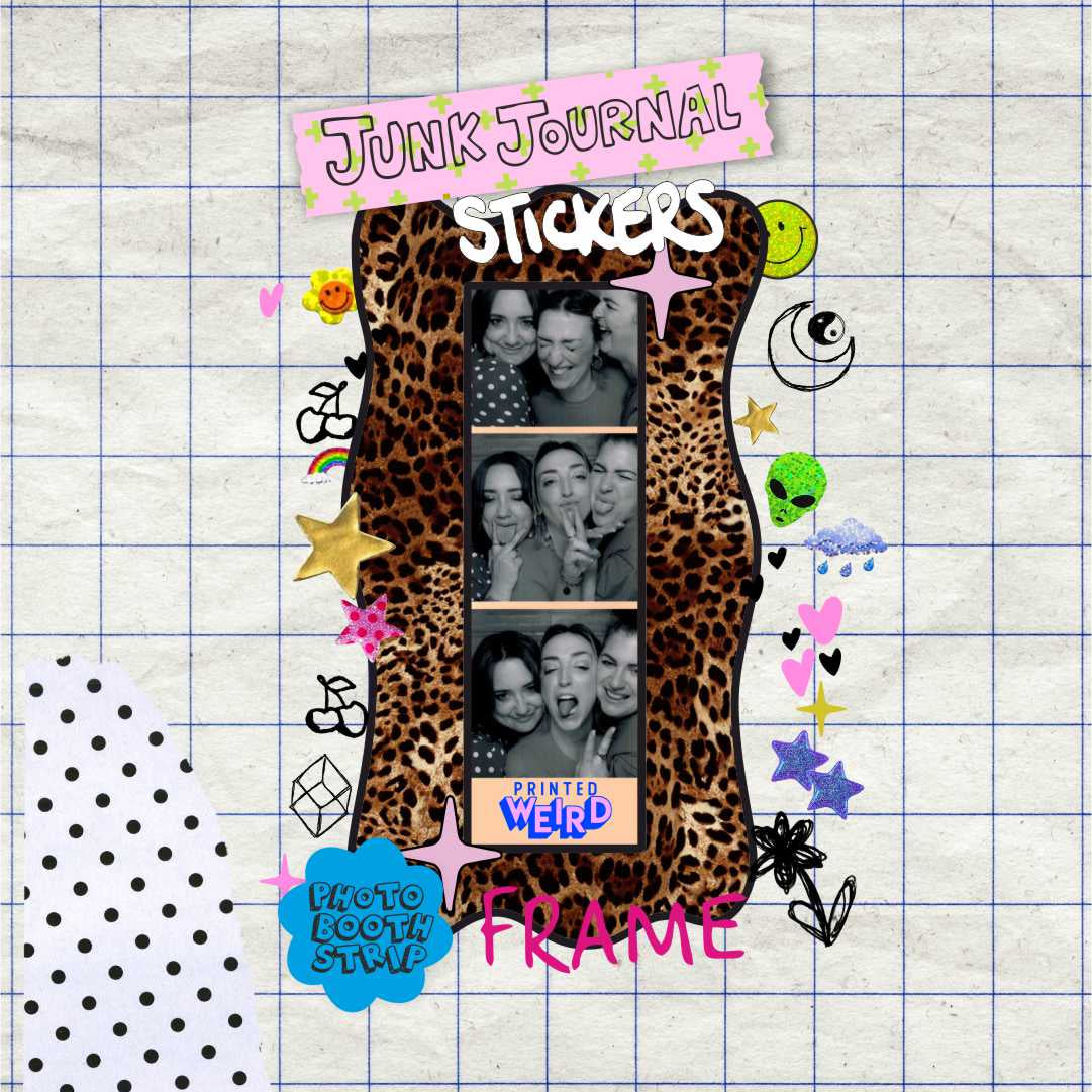 Junk journal stickers with a leopard print frame on a grid background