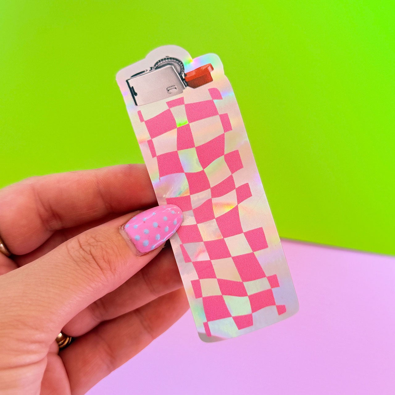 Pink Checkerboard Lighter - Holographic Sticker - WS