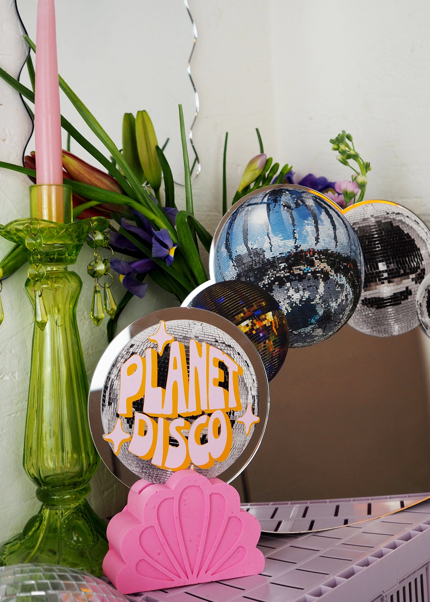 Orange & Pink Planet Disco Disc Mirror