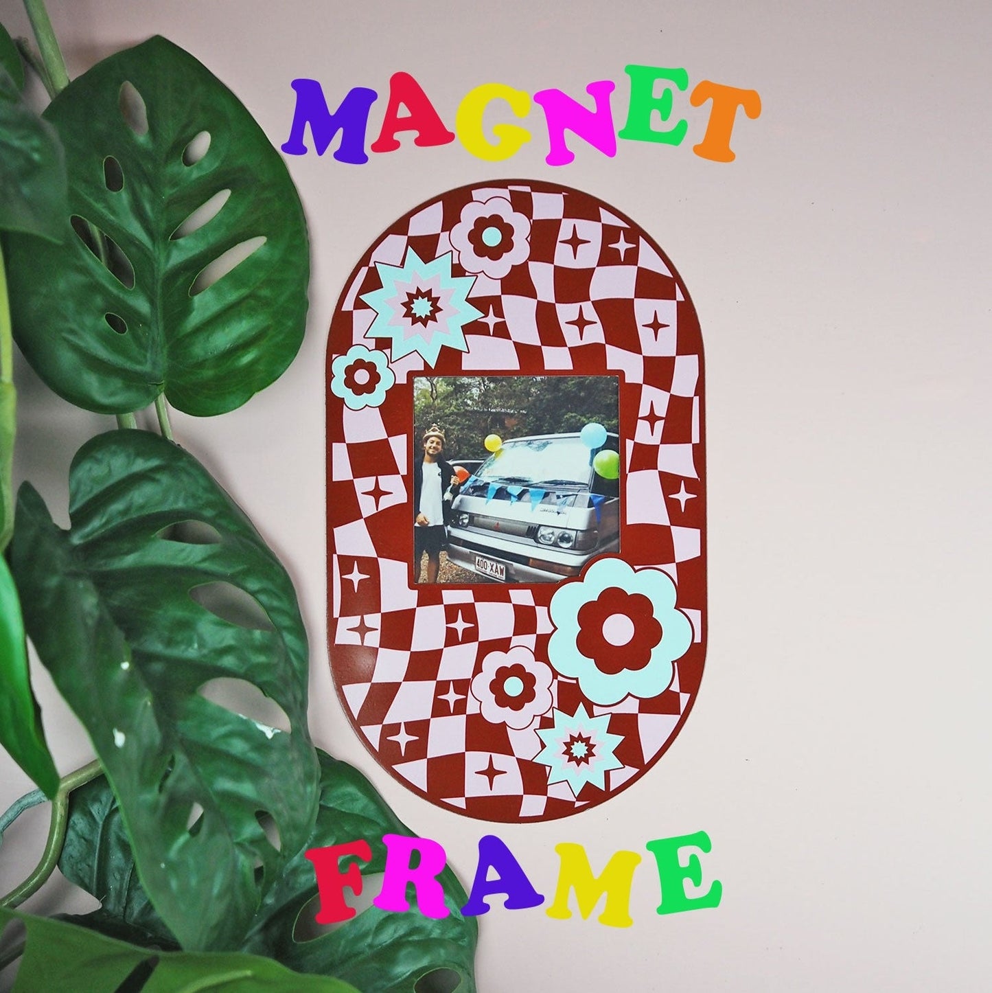 Oval Checkerboard Print Magnet Frame - Burgandy  - WS