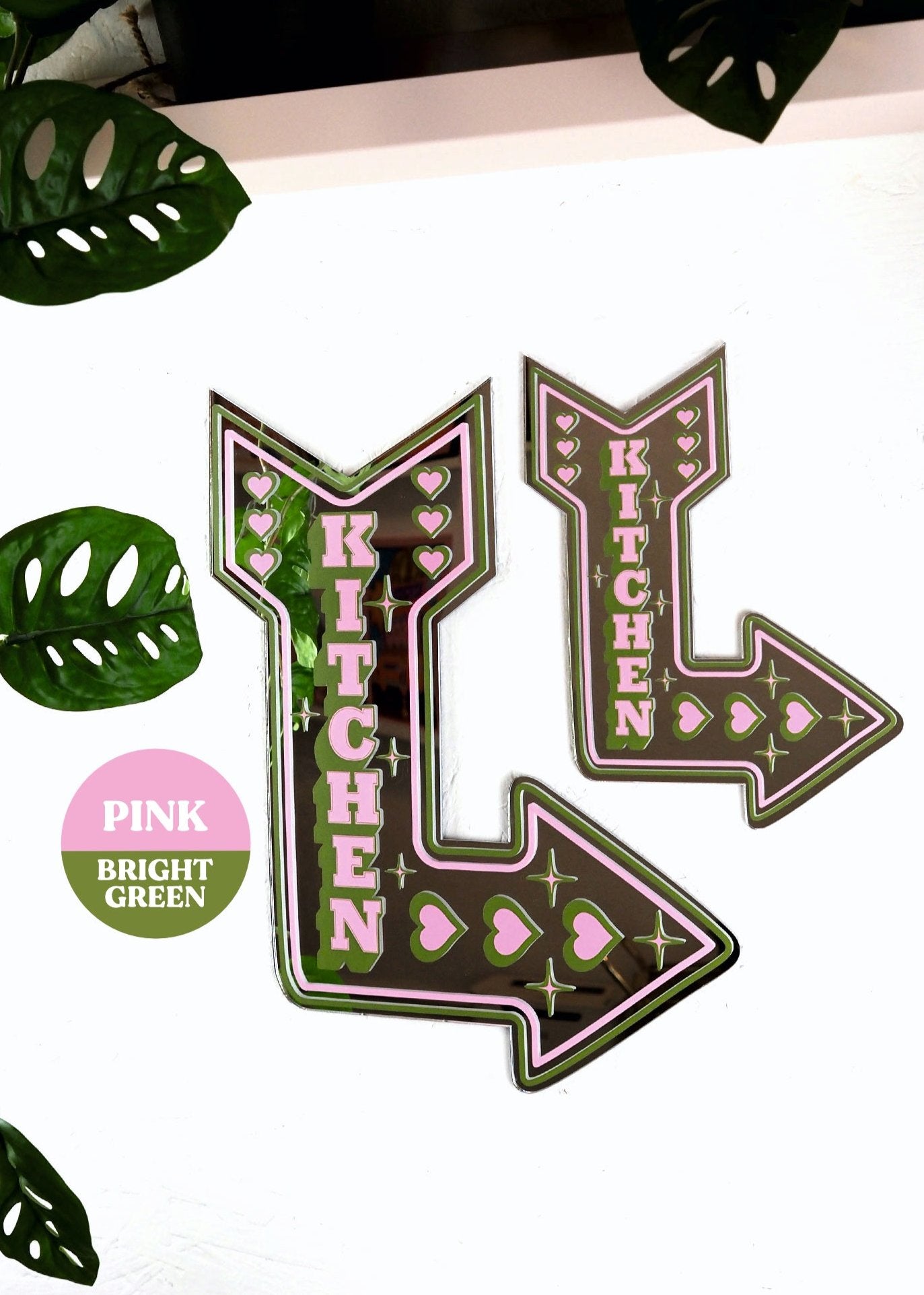 Retro Kitchen Arrow Mirror - Olive & Pastel Pink