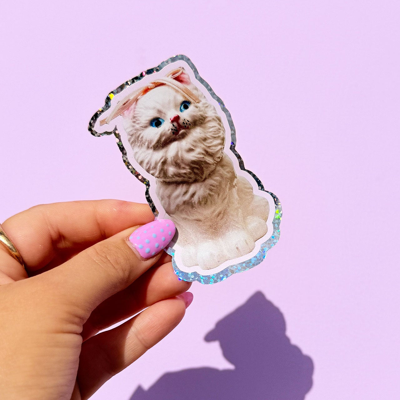 Vinatge Kitsch White Cat Glitter Sticker