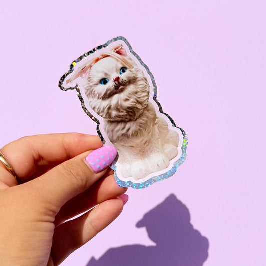 Vinatge Kitsch White Cat Glitter Sticker