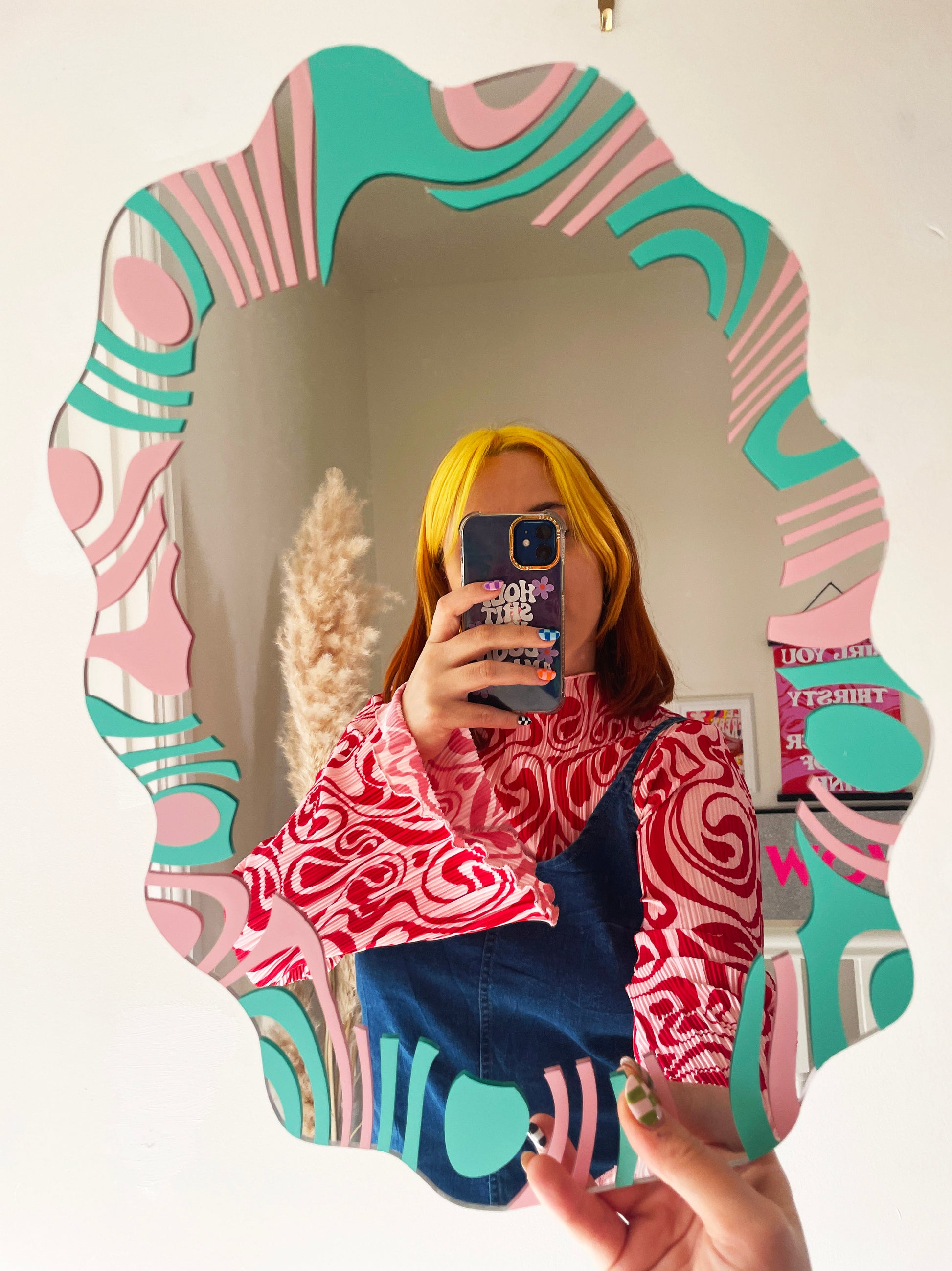 Pastel Pink & Blue Marbling Border Wavy Mirror - PrintedWeird