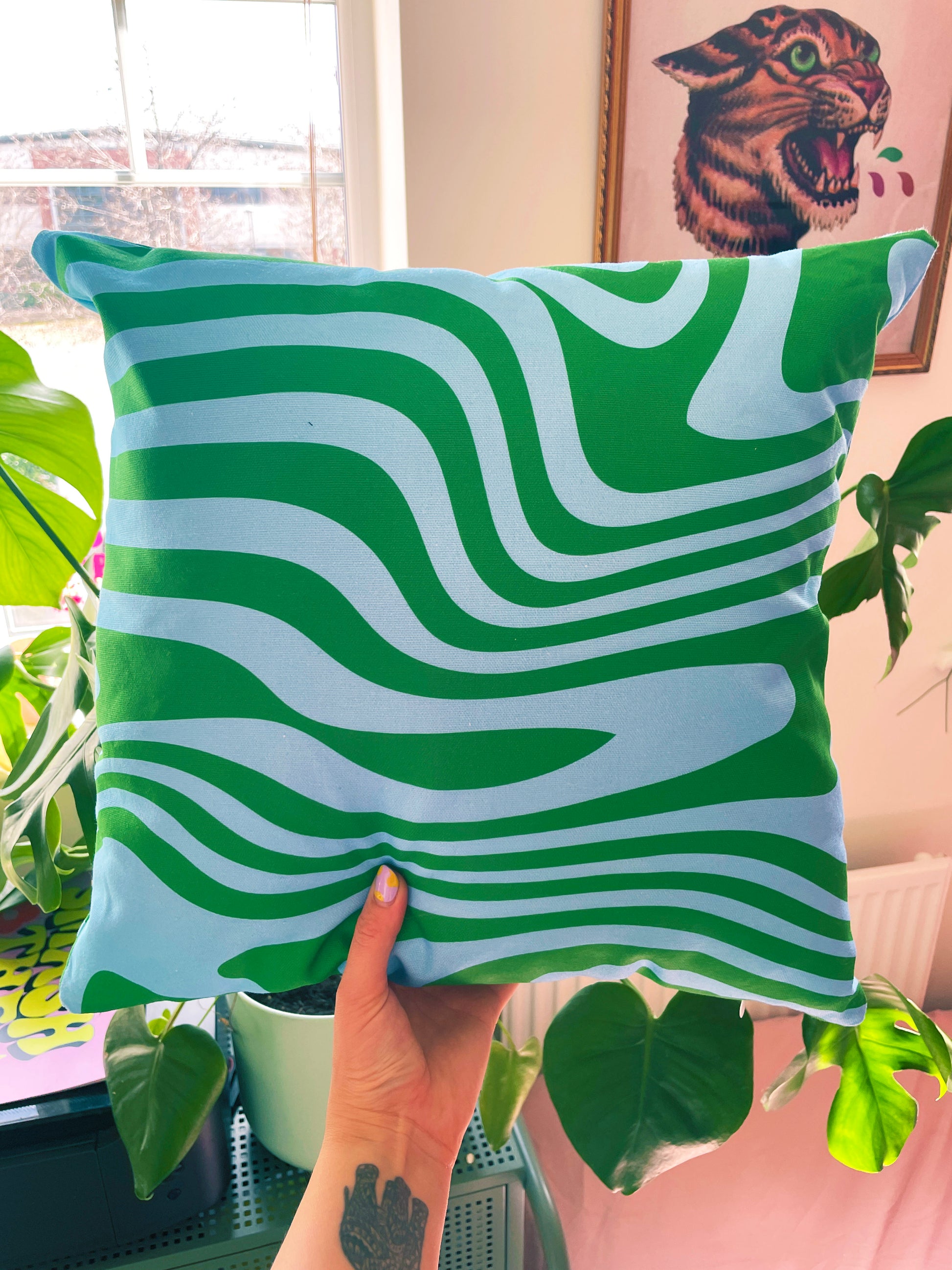 Green & Blue Swirly Cushion - PrintedWeird